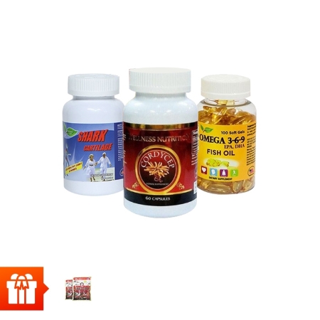 [SPRING] Combo 3 hộp viên uống đông trùng hạ thảo Wellness Nutrition (90 viên/ hộp)+2 hộp  dầu cá Omega 3 6 9 (30 viên/ hộp)+ 1 hộp Shark Cartilage sụn cá mập (30 viên/ hộp)+ 3 gói kẹo hồng sâm Hàn Quốc 200g