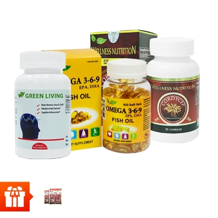 [SPRING] Combo 4 hộp TPBVSK Green Living - hỗ trợ tăng cường tuần hoàn não (60 viên/ hộp) + 2 hộp dầu cá Omega 3 6 9(30 viên/ hộp) +1 hộp Đông trùng hạ thảo Wellness Nutrition (30 viên) + 2 gói kẹo hồng sâm Hàn Quốc (200gr/gói)